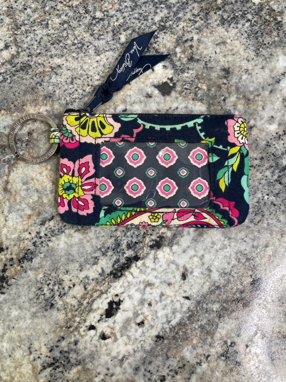 Vera Bradley Navy Floral Coin Zip ID Card Holder Keychain